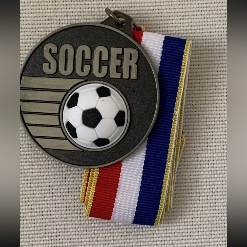 fun Kids SOCCER metal award medal, USA flag style 14" lanyard, 2.25 inch medal